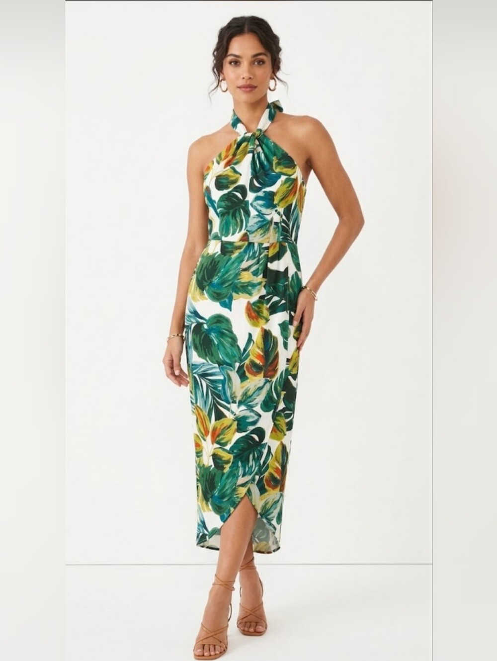 JULIA JORDAN Tropical Halter Midi Dress in Green Leaf Print, Size 6.